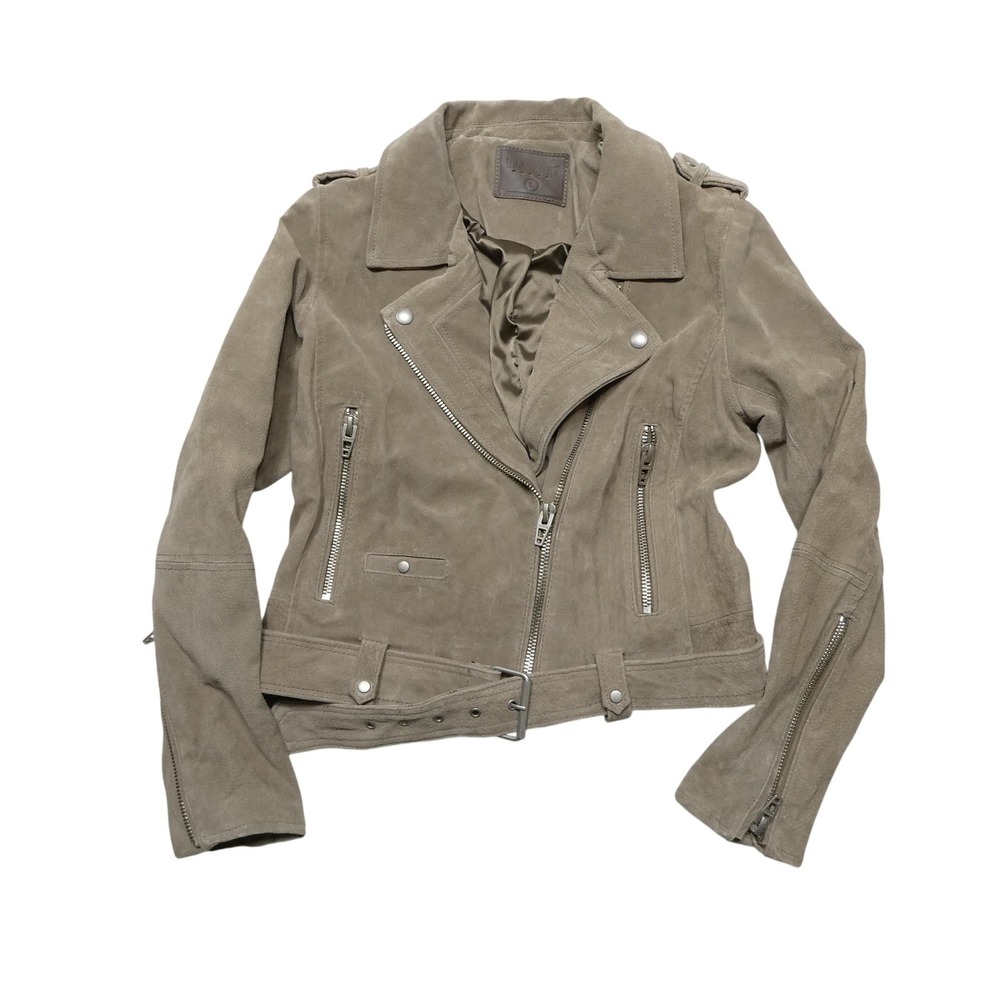BLANKNYC Jacket Womens Large Beige Suede Leather Moto Biker Belted Zip Pockets